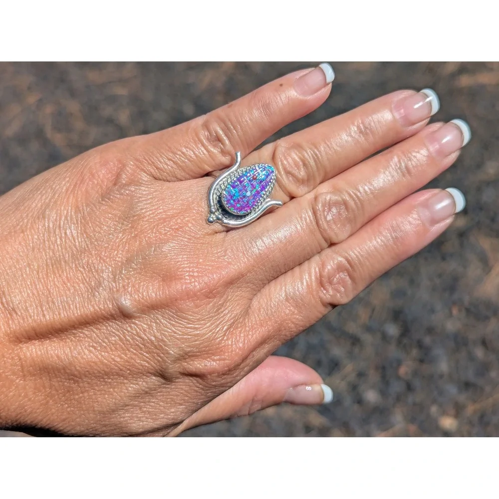 Zuni Corn Ring Purple Blue Opal Sterling Silver Native Am Jewelry Sz 7US**‎